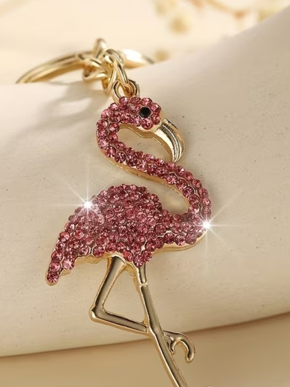 Gold-Tone Pink Crystal Flamingo Pendant Keychain